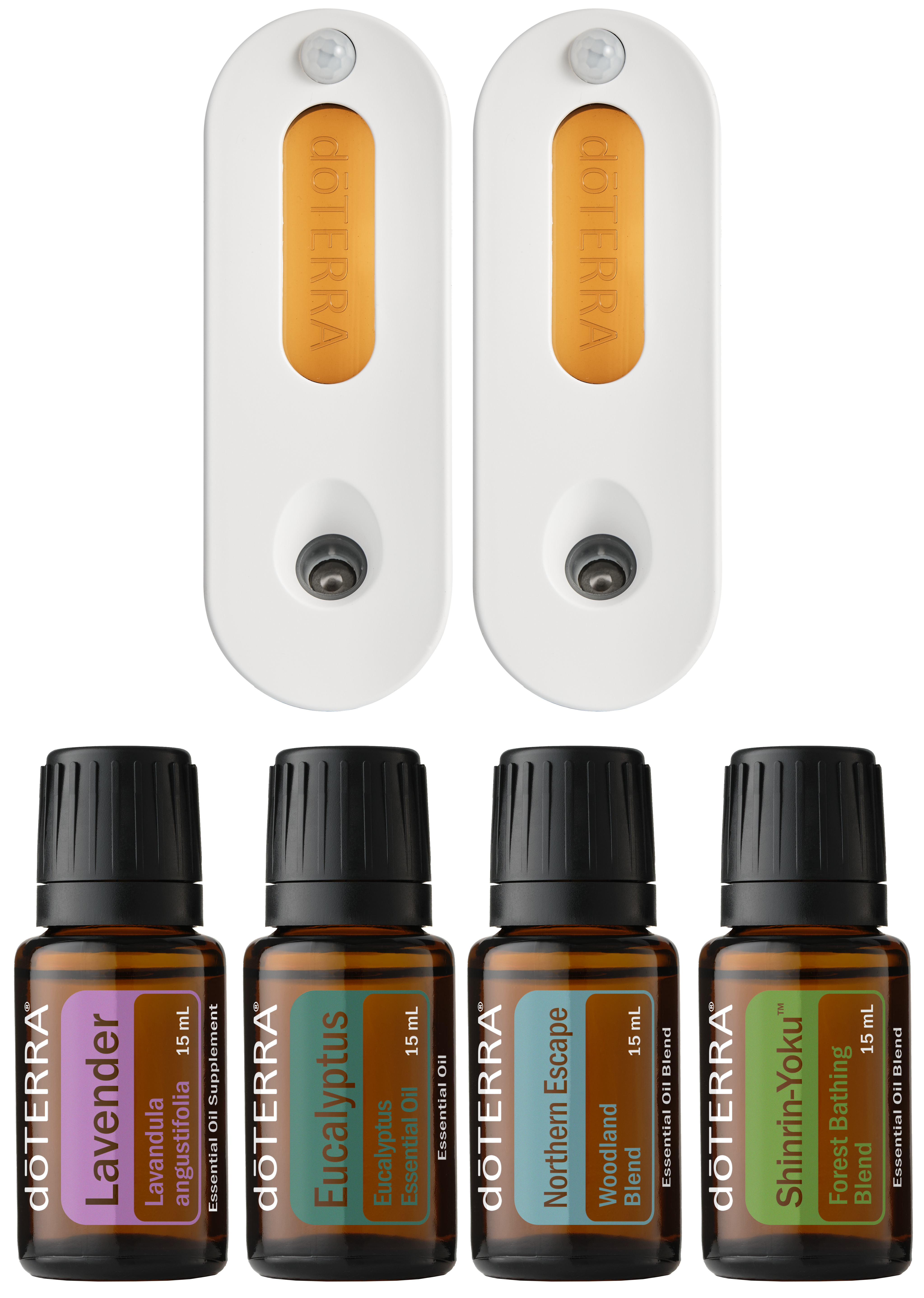 Shinrin-Yoku and Northern Escape essential oil blends, Lavender and Eucalyptus essential oils, and Myst diffusers